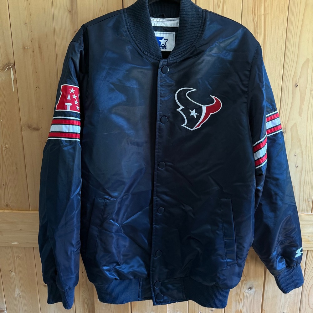 Starter G-III NFL Houston Texans Satin Bomber Jacket Size Medium Black Snaps